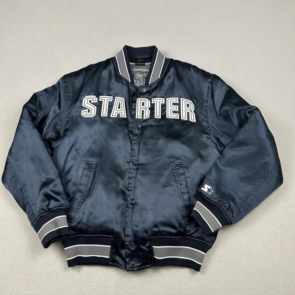 Starter Varsity Jacket Men Small Blue Satin Snap Front Pockets Ribbed Cuffs *